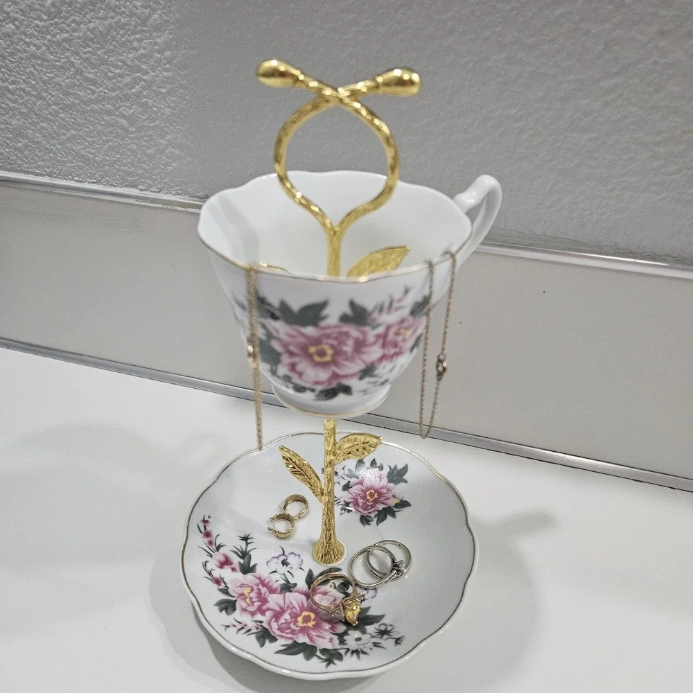Vanity Trinket Jewelry 2 Tiered Tray Re-Purposed Teacup & Saucer